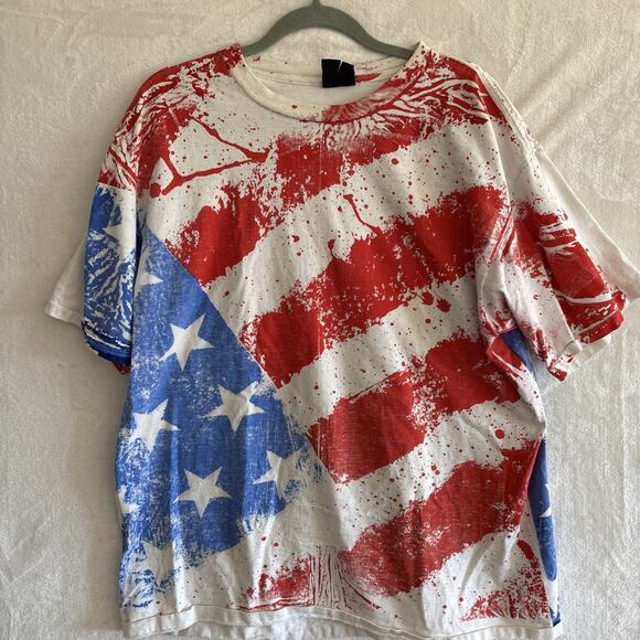 Vintage 90s AOP Gotcha Surf T Shirt Heavy Weight XL Flag Splatter 4th of July - Picture 1 of 8